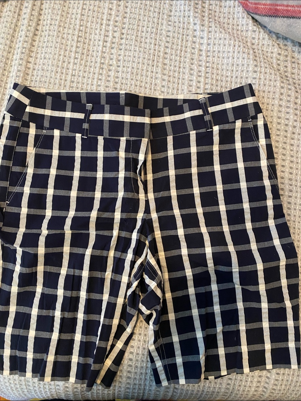 LOFT Navy and White Windowpane Bermuda Shorts